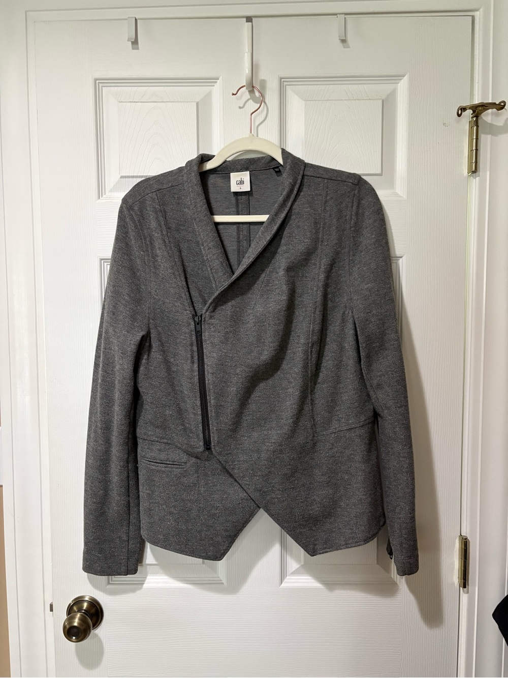 CAbi Gray Asymmetric Zip Blazer
